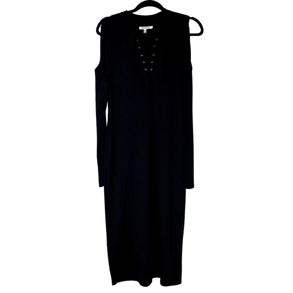 Avec Les Filles Black Ribbed Cold Shoulder Lace Up Bodycon Midi Dress Size XL